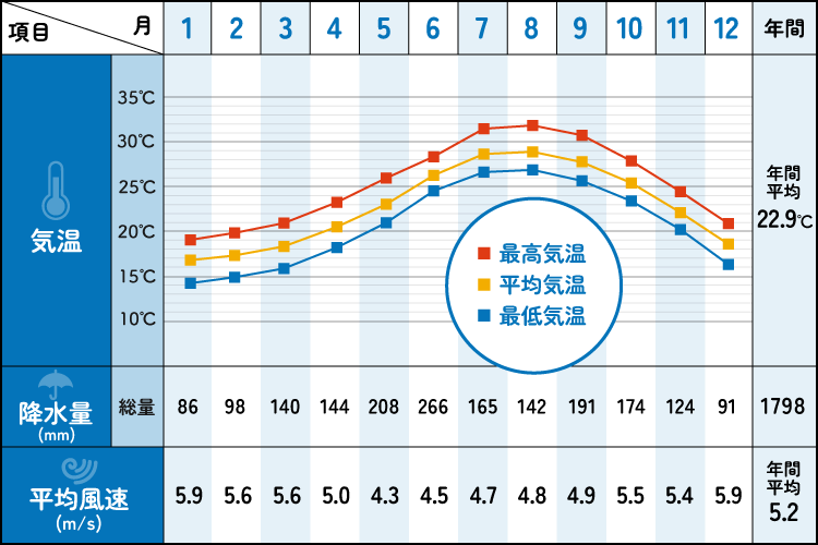 一年を通した気温、降水量、平均風速のデータ画像